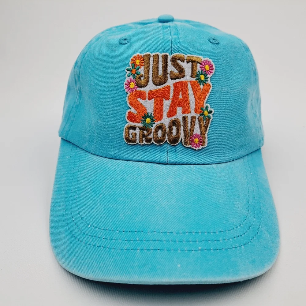 Just Stay Groovy Embroidered Relaxed Cotton Hat Cap Blue Washed Adjusta…